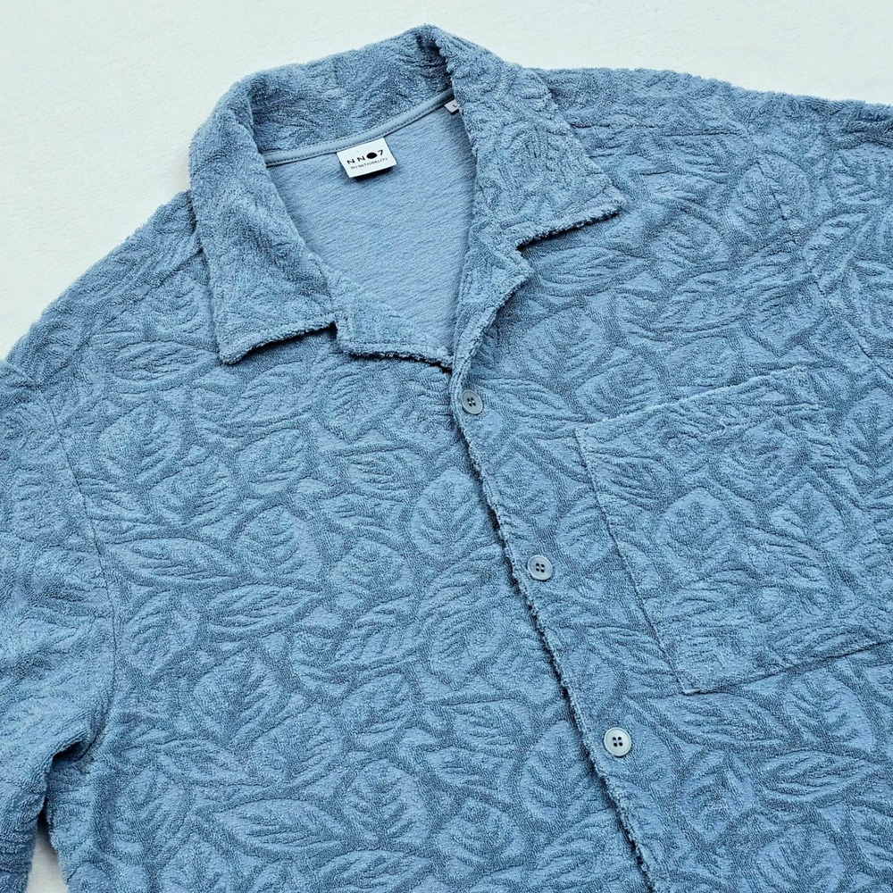 NN07 Julio SS Shirt Mens Large Blue Terry Cloth Leaf Jacquard Camp Collar Resort